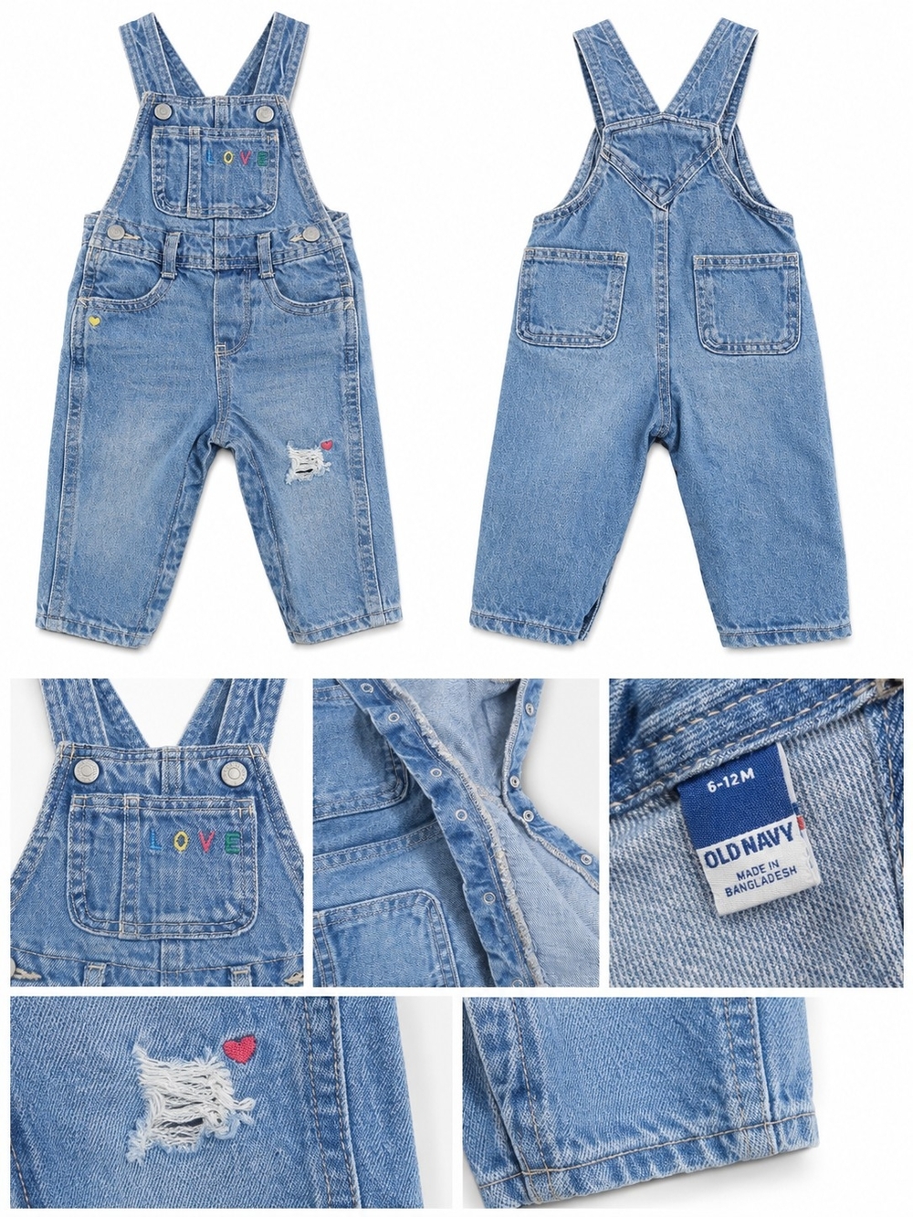 Old Navy Baby Girls Light Wash Denim Overalls with Embroidered "LOVE" Pocket
